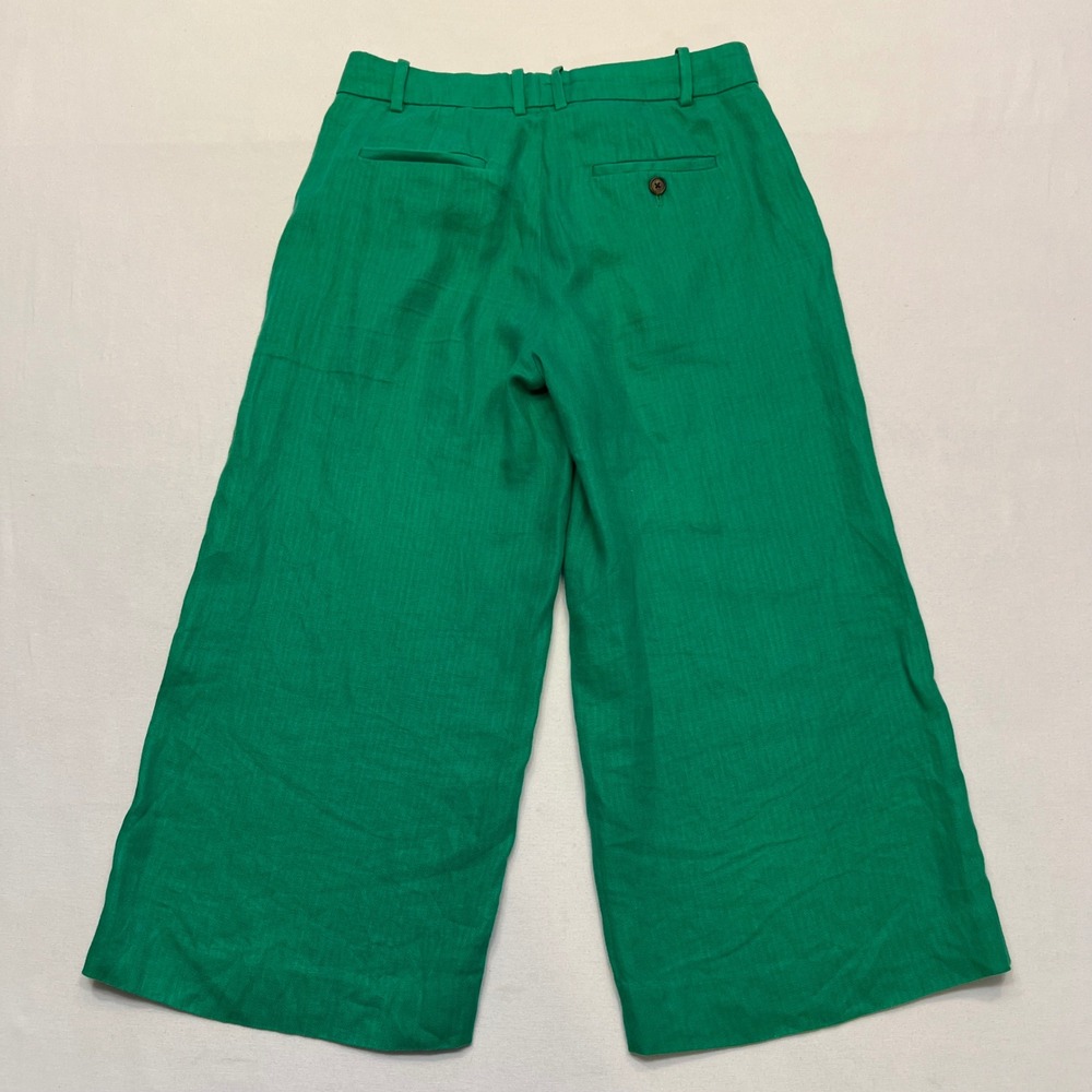 J. Crew Kelly Green Herringbone 100% Linen Preppy Wide Leg Cropped Pants 2P - Picture 9 of 10